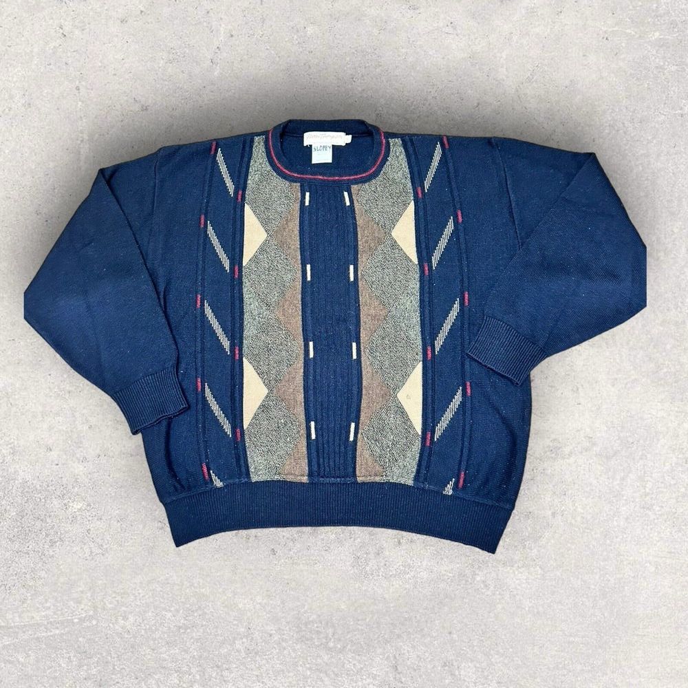 VTG Norm Thompson Men's Navy Blue Multi Geo Crew Neck Sweater Sz L‎